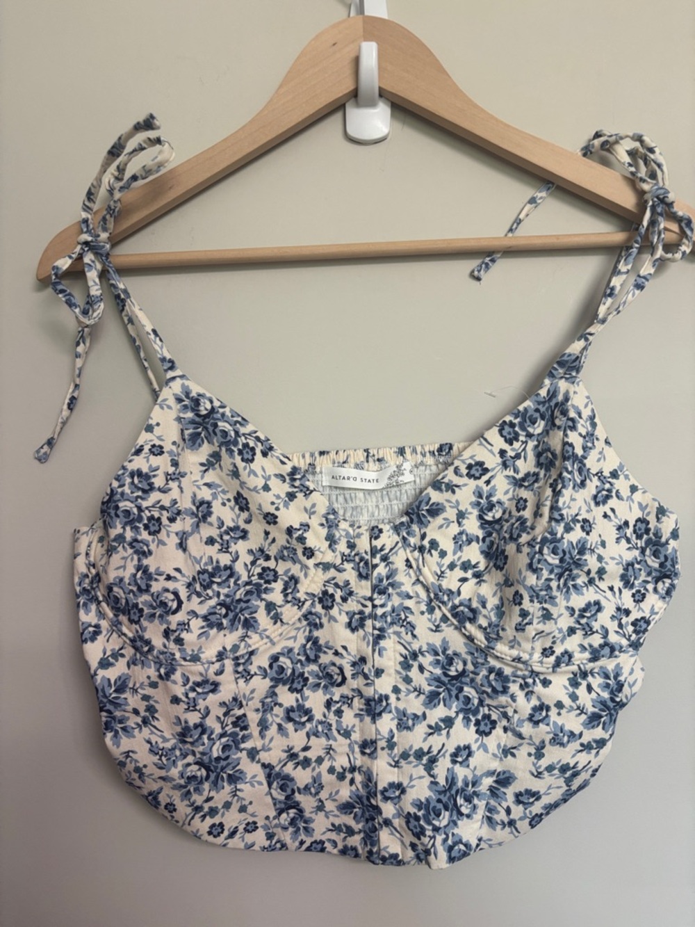 Altar'd State Cream and Blue Floral Tie-Shoulder Crop Bustier Camisole XL NWOT